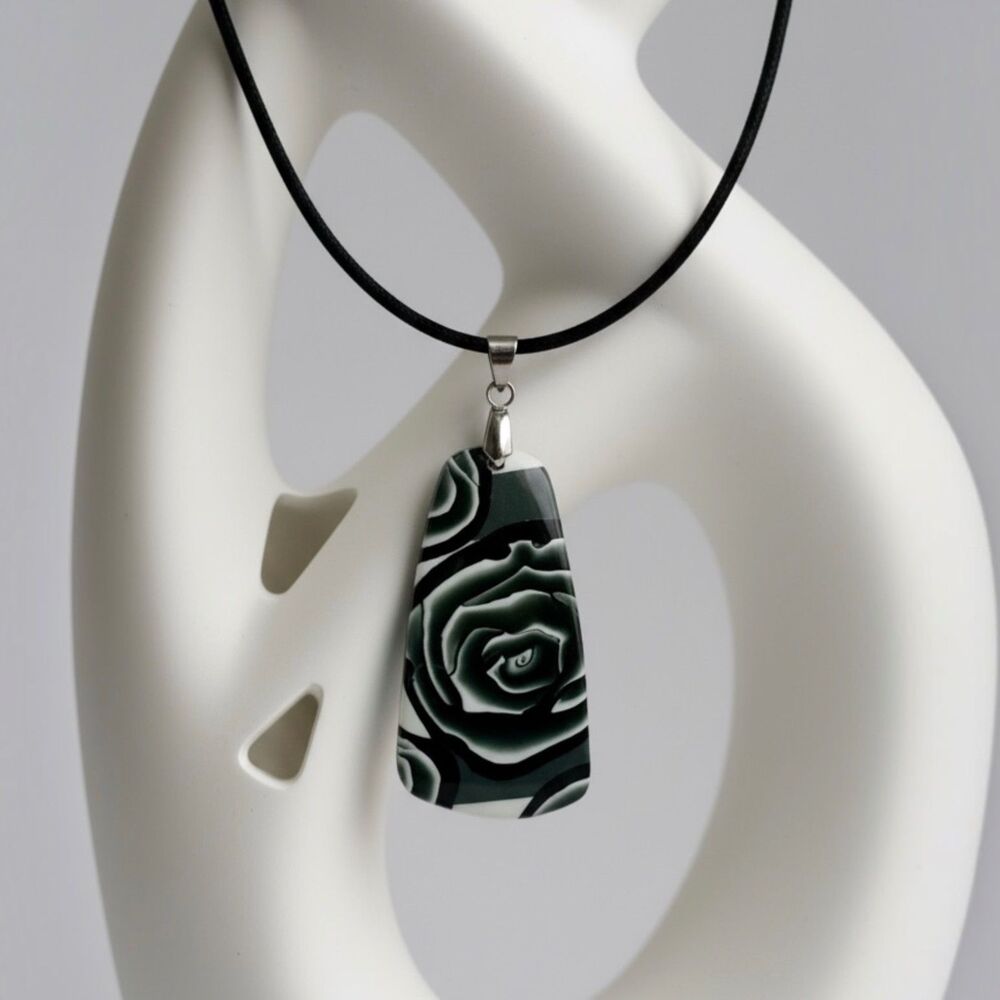 Handmade Black Rose Floral Polymer Clay Statement Pendant Necklace